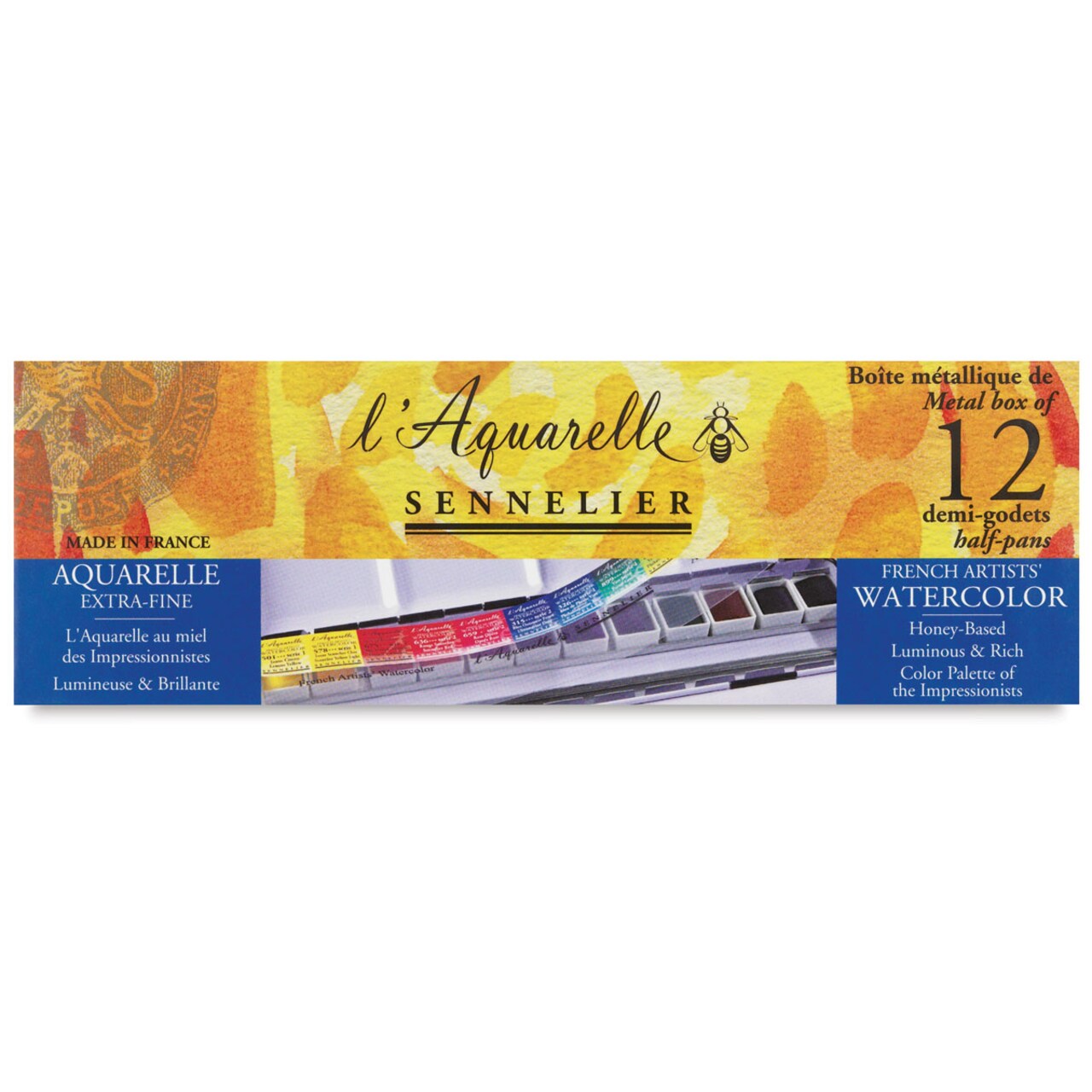 Sennelier French Artists' Watercolors - Set of 12, Metal Case, Half Pans